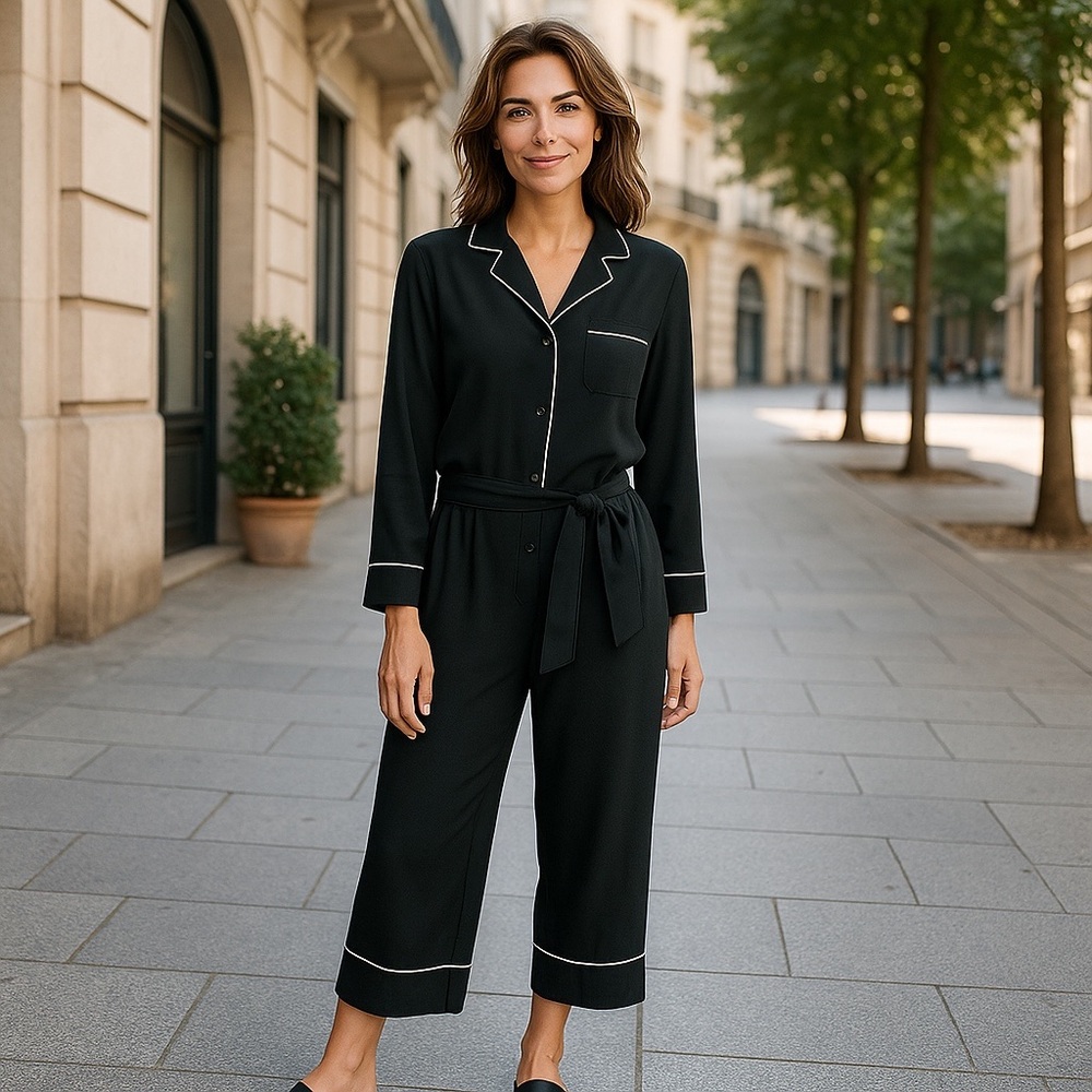 1061 Elegant Black with White Piping Wide Leg‎ Jumpsuit